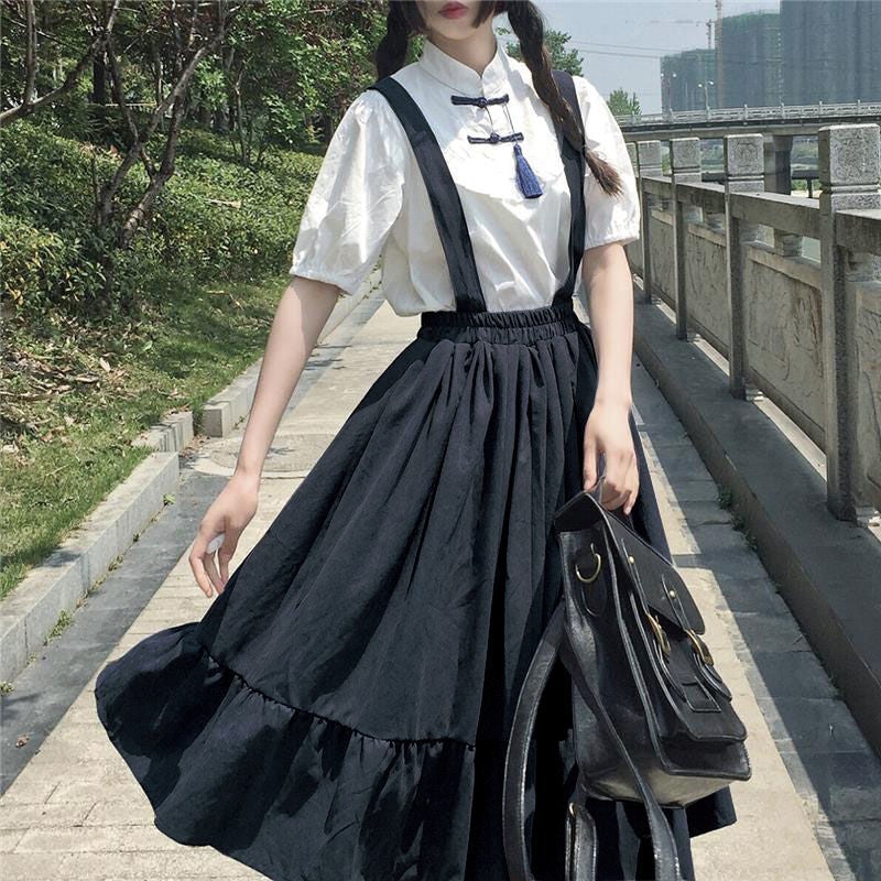 Kawaii Girl Ruffled Suspender Skirt (Black, Blue)