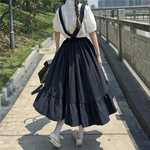 Kawaii Girl Ruffled Suspender Skirt (Black, Blue) Skirt Tokyo Dreams 