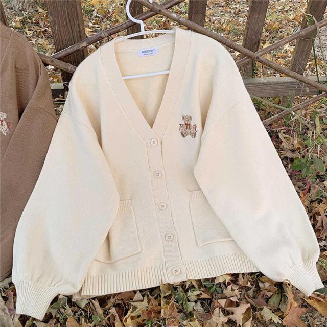 Embroidered Bear Kawaii Cardigan (Brown, Beige, Blue)