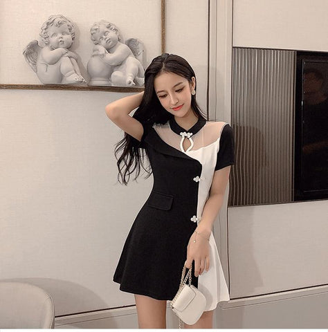 Black and White Patchwork Korean Dress - Tokyo Dreams