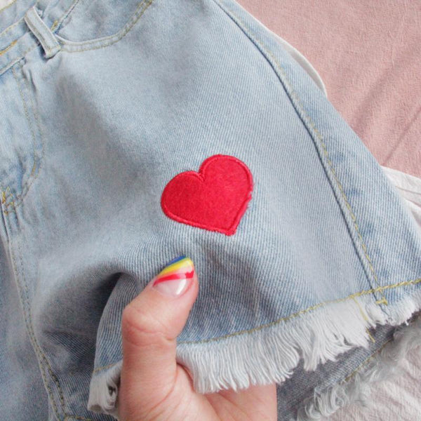 Embroidered Hearts High Waist Jean Shorts - Tokyo Dreams
