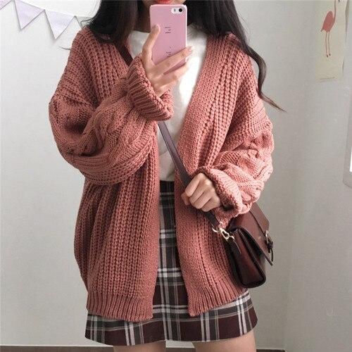 Kawaii Classic Knitted Chic Cardigan (Red, Brown) - Tokyo Dreams