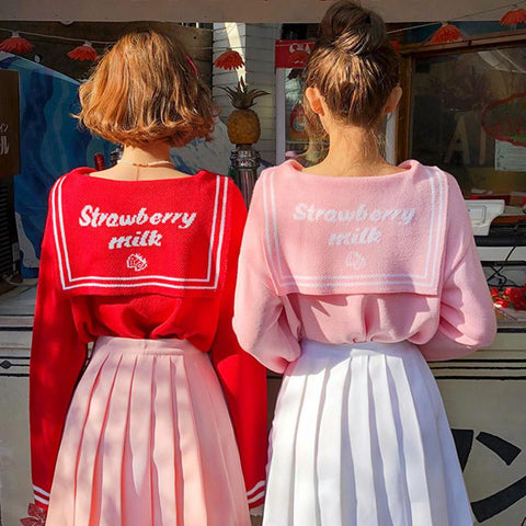 Sailor Collar Strawberry Milk Sweater - Tokyo Dreams