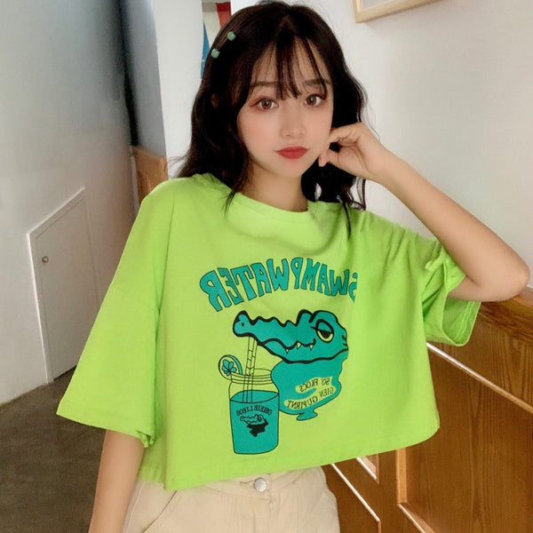 Cartoon Gator Kawaii Crop Top (Green, White) T-Shirt Tokyo Dreams 