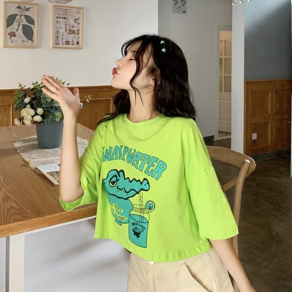 Cartoon Gator Kawaii Crop Top (Green, White) T-Shirt Tokyo Dreams Green XL 