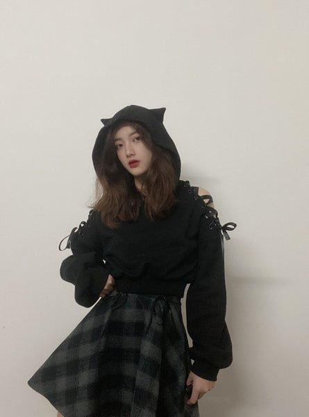 Goth Girl Hollow Sleeve Kitty Hoodie Hoodie Tokyo Dreams 