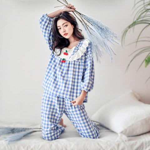 Kawaii Cherry Plaid Pajamas (Blue, Red) - Tokyo Dreams