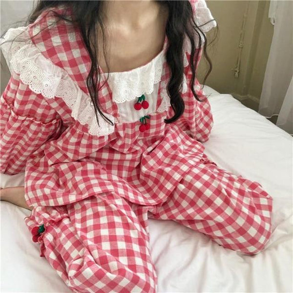 Kawaii Cherry Plaid Pajamas (Blue, Red) - Tokyo Dreams