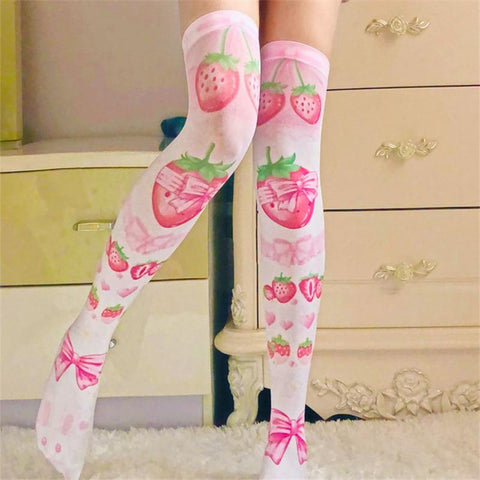 Strawberry Bow Thigh High Stockings - Tokyo Dreams