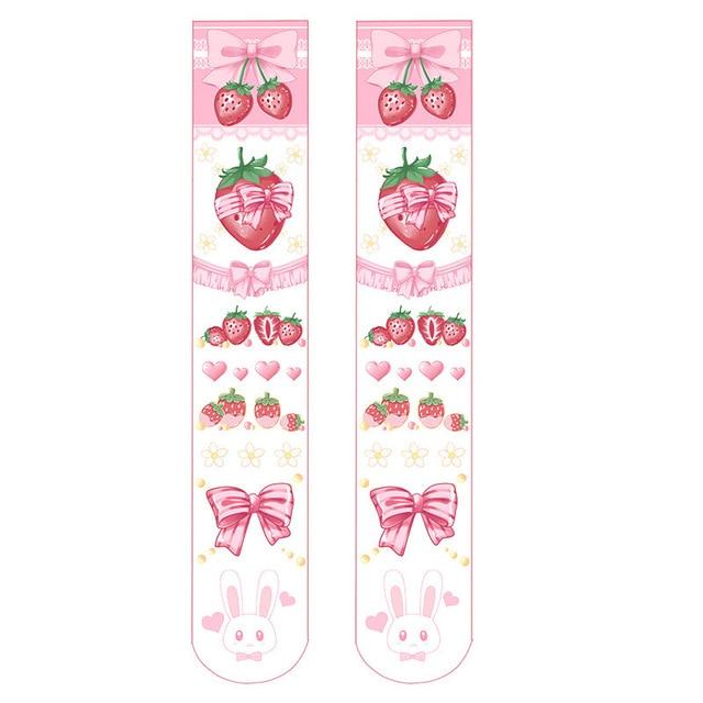 Strawberry Bow Thigh High Stockings - Tokyo Dreams