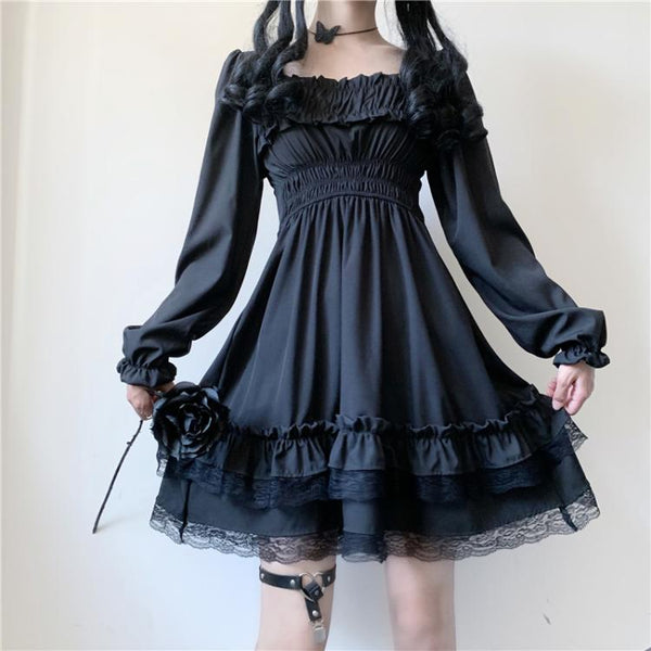 Goth Puff Ruffled Black Dress - Tokyo Dreams