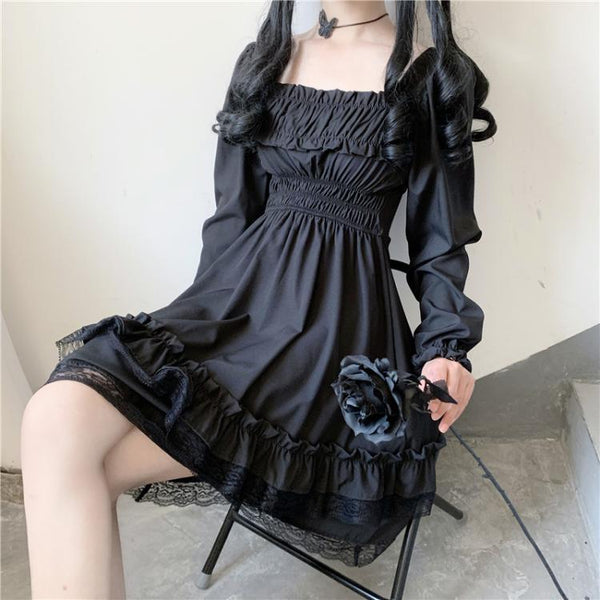 Goth Puff Ruffled Black Dress - Tokyo Dreams