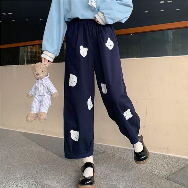 Kawaii Bear Loose Pants (Khaki, Dark Blue) Pants Tokyo Dreams Dark Blue One Size Outside US