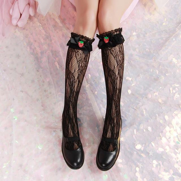 Kawaii Strawberry Knee High Socks (5 Colors) Socks Tokyo Dreams Black ONE Size 
