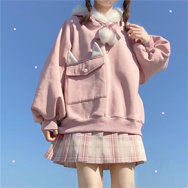 Fluffy Pom Bunny Hoodie (Blue, Pink) - Tokyo Dreams