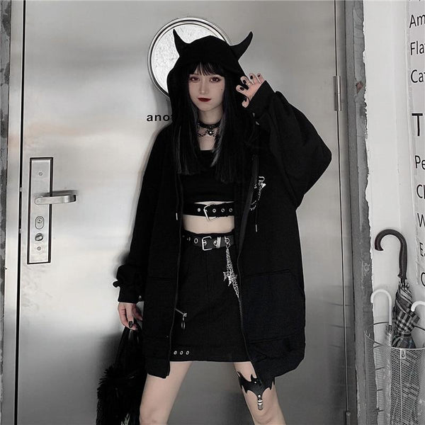 Gothic Girl Devil Horn Harajuku Hoodie - Tokyo Dreams