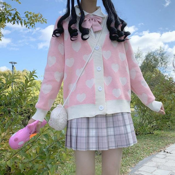 Kawaii Hearts Cardigan (White, Pink) Cardigan Tokyo Dreams One Size Outside US Pink