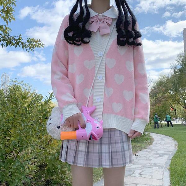 Kawaii Hearts Cardigan (White, Pink) Cardigan Tokyo Dreams 