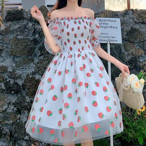 Strawberry Princess French Puff Dress (Pink, Purple, White) - Tokyo Dreams