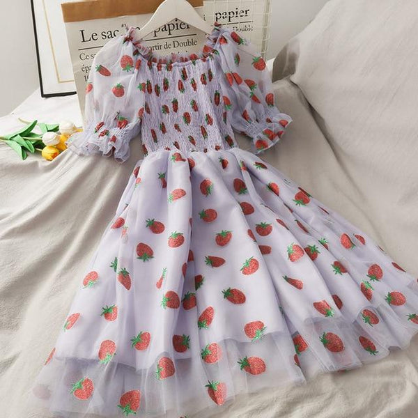Strawberry Princess French Puff Dress (Pink, Purple, White) - Tokyo Dreams