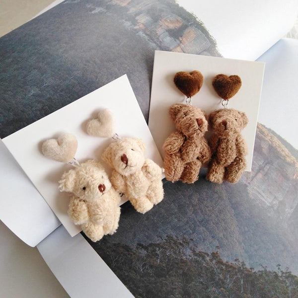 Fluffy Bear Kawaii Earrings (Cream, Brown, Pink) - Tokyo Dreams