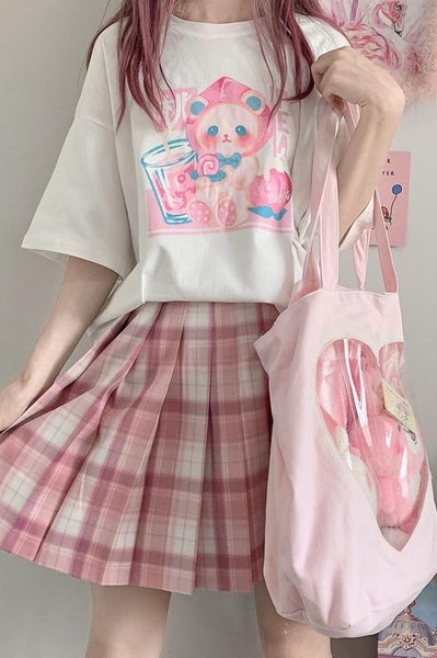 Pastel Bear Cartoon Kawaii Tee (Pink, White) T-Shirt Tokyo Dreams 