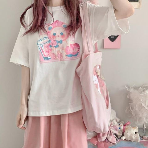 Pastel Bear Cartoon Kawaii Tee (Pink, White) T-Shirt Tokyo Dreams White XXL 