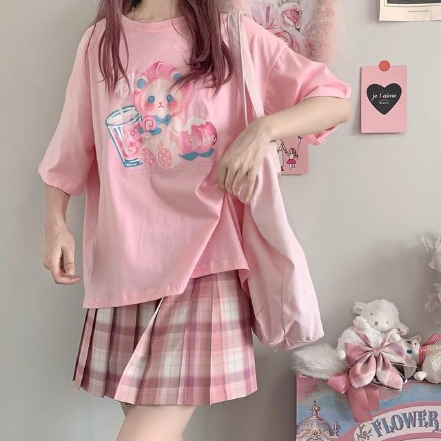 Pastel Bear Cartoon Kawaii Tee (Pink, White) T-Shirt Tokyo Dreams Pink XL 