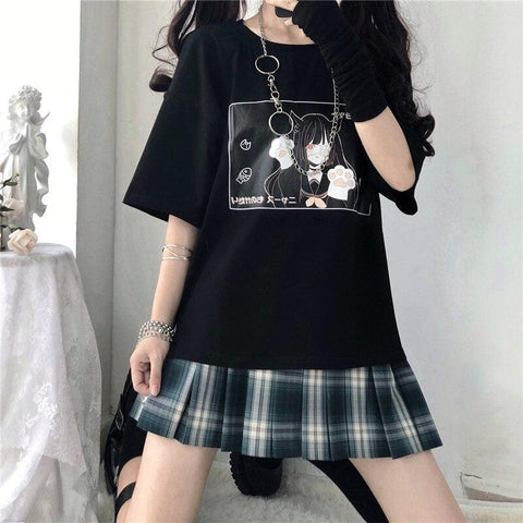 Kawaii Goth Anime Catgirl Tee (Black, White) T-Shirt Tokyo Dreams 