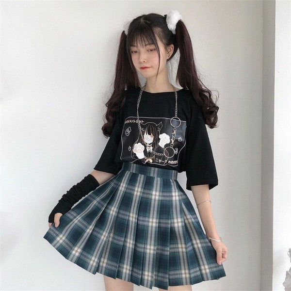 Kawaii Goth Anime Catgirl Tee (Black, White) T-Shirt Tokyo Dreams 