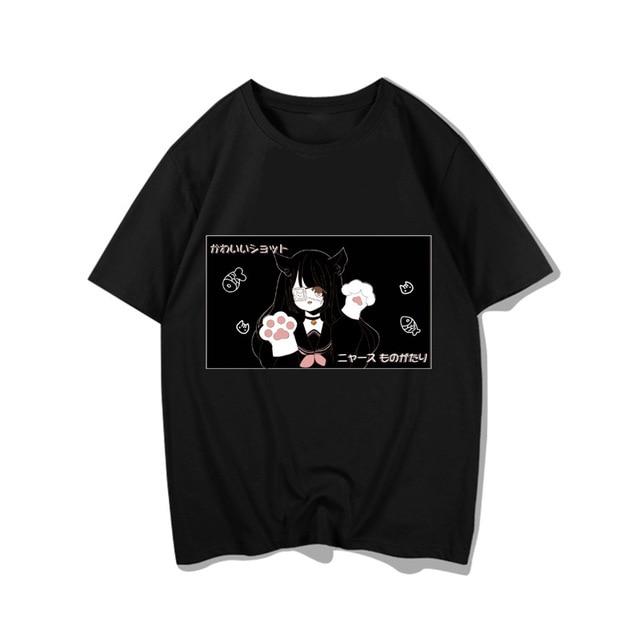 Kawaii Goth Anime Catgirl Tee (Black, White) T-Shirt Tokyo Dreams Black One Size 