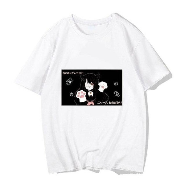 Kawaii Goth Anime Catgirl Tee (Black, White) T-Shirt Tokyo Dreams White One Size 