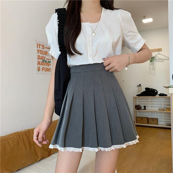 Kawaii Lace Pleated Skirt Skirt Tokyo Dreams Grey S 