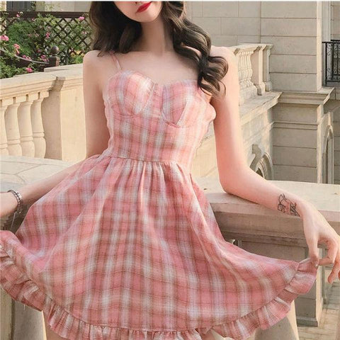 Kawaii Pink Plaid Sundress Dress Tokyo Dreams Pink XL 