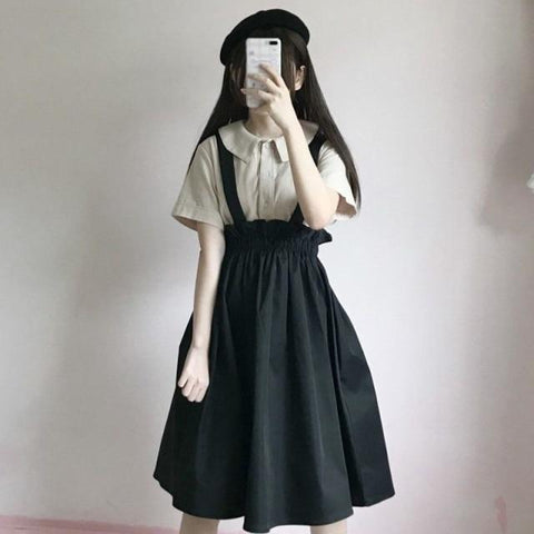 Mori Girl Japanese Suspender Skirt (Black, Yellow) Skirt Tokyo Dreams black S 