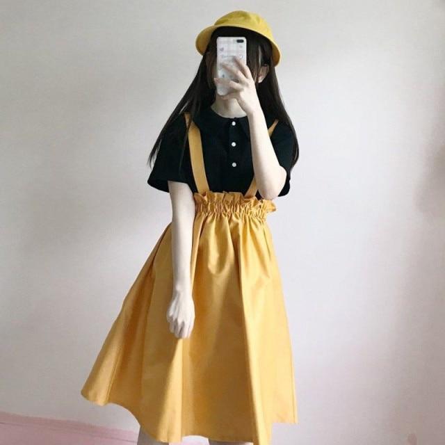 Mori Girl Japanese Suspender Skirt (Black, Yellow) Skirt Tokyo Dreams Yellow L 