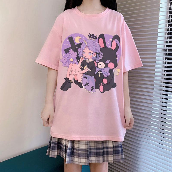 Anime Goth Graphic Tee (Pink, White, Black) T-Shirt Tokyo Dreams 