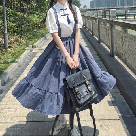 Kawaii Girl Ruffled Suspender Skirt (Black, Blue) Skirt Tokyo Dreams Blue XL 