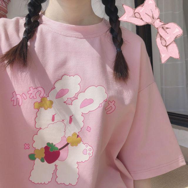 Shy Bunny Cartoon Tee T-Shirt Tokyo Dreams Pink XL 