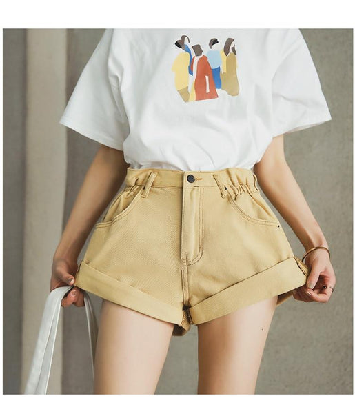 Harajuku Girl Solid Denim Shorts Shorts Tokyo Dreams Khaki L 