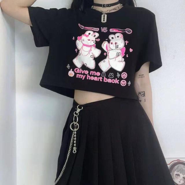 Goth Bunny Cartoon Crop Top T-Shirt Tokyo Dreams Black XL 