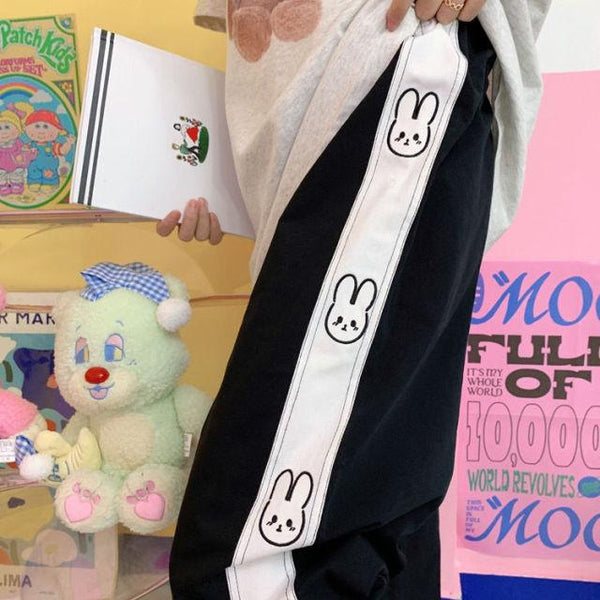 Cartoon Bunny Soft Kawaii Joggers (Pink, Blue, Black) Pants Tokyo Dreams Black XL 