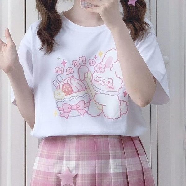 Creamy Bunny Cartoon Tee (Pink, White) T-Shirt Tokyo Dreams White S 