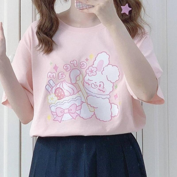 Creamy Bunny Cartoon Tee (Pink, White) T-Shirt Tokyo Dreams 