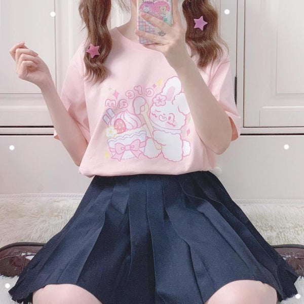 Creamy Bunny Cartoon Tee (Pink, White) T-Shirt Tokyo Dreams Pink S 