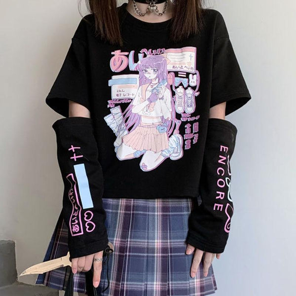 Anime Girl Tee and Sleeves (Black, White) T-Shirt Tokyo Dreams Black S 