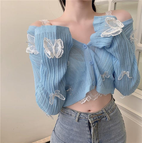 Butterfly Crop Top Cardigan (Blue, Pink, White, Black) Cardigan Tokyo Dreams One Size Blue 