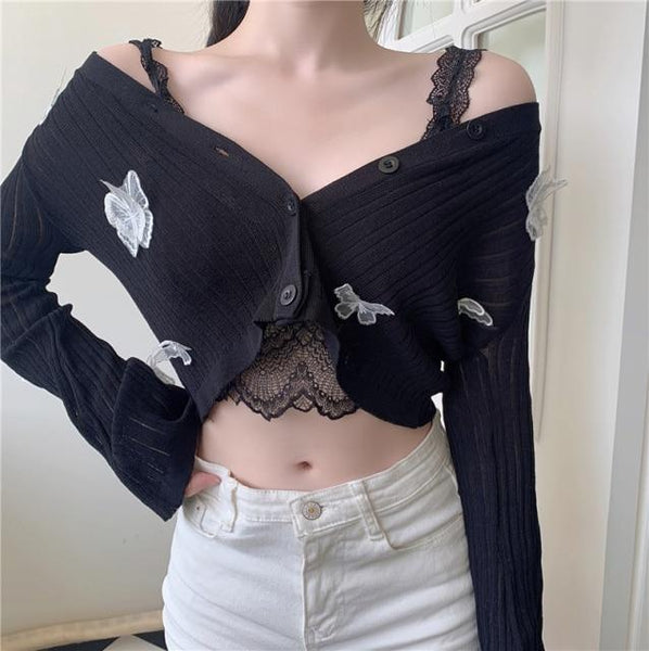 Butterfly Crop Top Cardigan (Blue, Pink, White, Black) Cardigan Tokyo Dreams One Size Black 