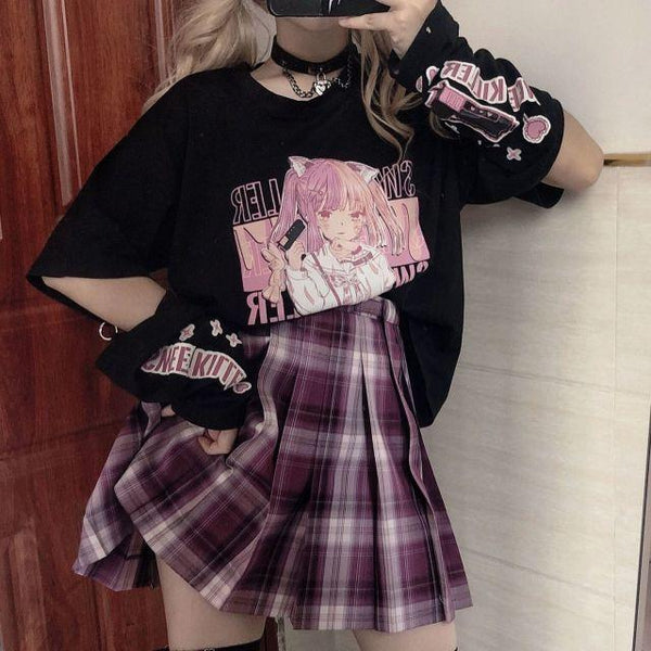 Anime Catgirl Harajuku Tee and Sleeves (Black, White) T-Shirt Tokyo Dreams Black M 