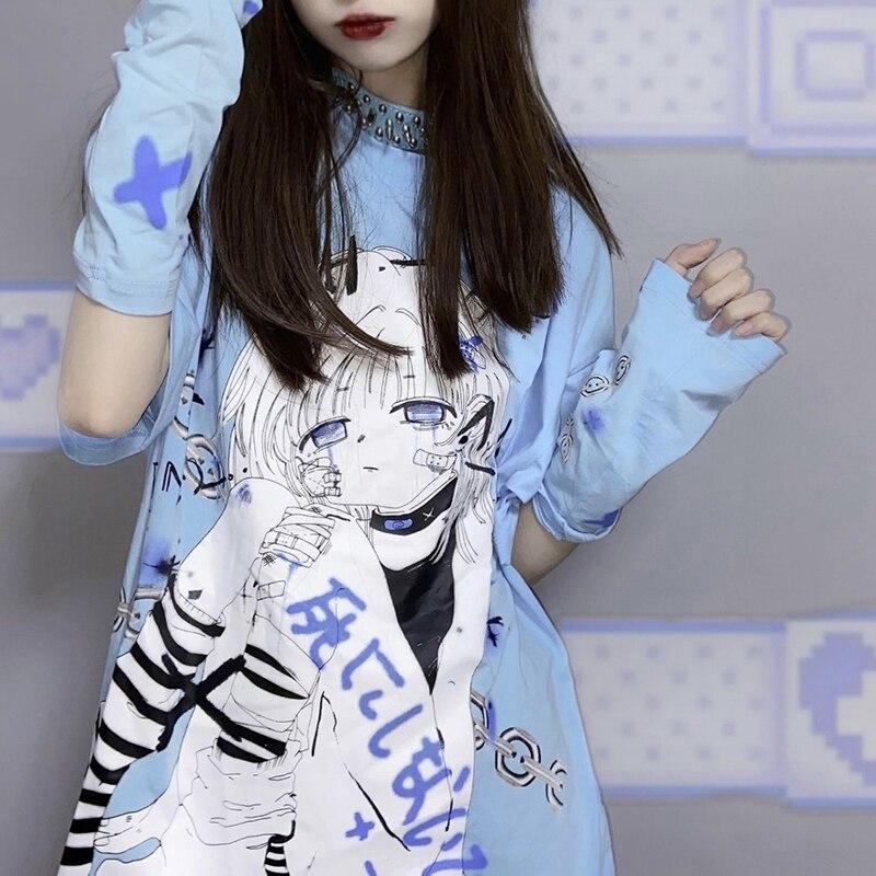 Harajuku Anime Goth Tee and Sleeves T-Shirt Tokyo Dreams Blue L 